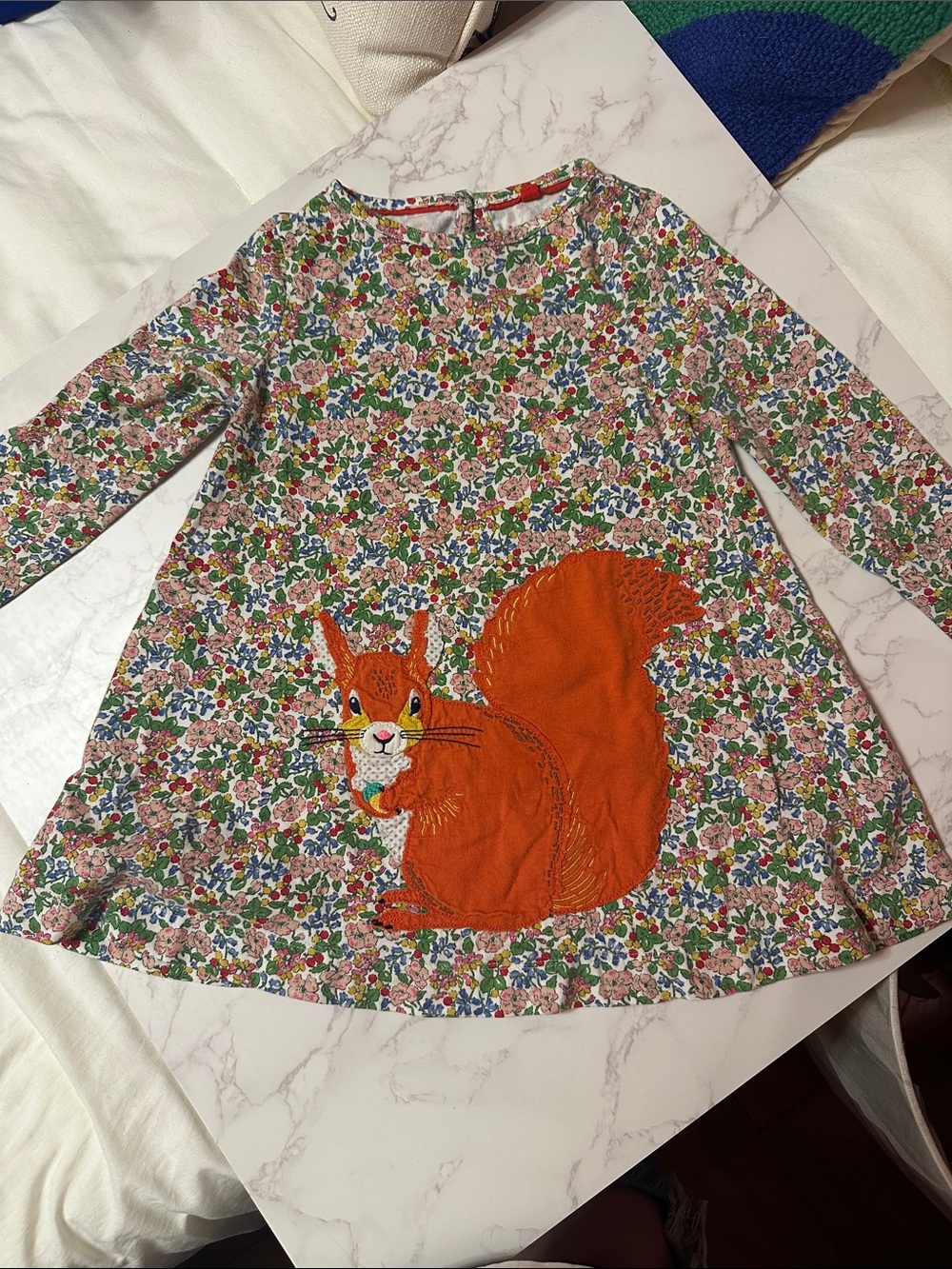 Mini Boden Floral Dress with Large Orange Squirrel Applique